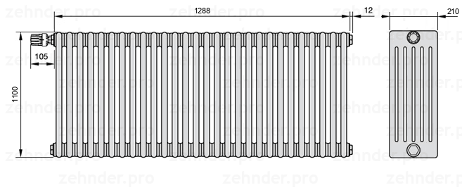 Схема (чертеж) Радиатор Zehnder Charleston 6110/28 №V012 Белый глянцевый RAL 9016